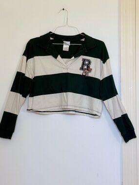 Disney Bambi Cropped Rugby Shirt Striped Preppy Y2K Long Sleeve L